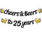Festiko Cheers, Beers To 25 Years Banner For Men Women, 25th Birthday Black Glitter Backdrop, Anniversary Party Supplies Decorations