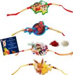 Kavim Kids Rakhi (Shinchan, Spider Man, Cartoon Boy,Pikachu 4 Set n Greeting Card Roli chawl)