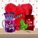 Midiron Lovely Combo Gift For Wife/Girl/Boy/Girlfriend|Romantic Gift For Anniversary with Chocolate Bars, Heart Red Cushion, Printed Ceramic Coffee Mug , Artificial Rose & Greeting Card
