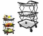 Flexer 3 Tier Metal Foldable Vegetable Storage Rack For Kitchen Onion Potato Sabji Stand (Black)