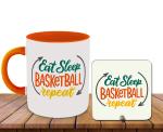 Whats Your Kick Basketball Theme Eat Sleep Basketball Repeat Design Printed Orange Ceramic Coffee Mug with Desky and Tea Mug 325 ML