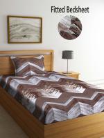 FABINALIV Brown Geometric 210 TC Cotton Blend Fitted Single Bedsheet with Pillow Cover