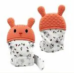 Sherni Multicolor Bunny Shaped Silicone Self Soothing Teether Mittens Gloves,3-18 m, Teething Mitten Silicone Self Soothing Glove (Pack of 2, Orange)
