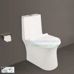 Vardhman Ceramics 5D Siphonic Flushing One Piece Western Commode for Toilet Bathroom Water Closet Ewc Floor Mounted Mount Wc with Soft Close Slow Motion Seat Cover and Flush Tank Fittings Installed S Trap Outlet 225mm / 9 Inch Glossy Finish Svelta-White