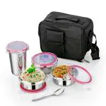TOFEE hot&Fresh Premium Lunch Box and Bottle | 3 Stainless Steel Containers, Steel Spoon, Insulated Bag | Leak Proof | Microwave Safe | Full Meal | Easy to Carry for School,Office,Travel (Pink)