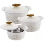 Blu Bel Akoya White Insulated Stainless Steel Pack of 3 Thermoware Casserole Set (500 ml, 1000 ml, 1500 ml)