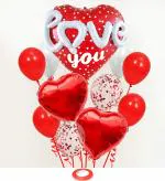 AMFIN (Pack of 12 ) 3D Love You Heart Shape Foil Balloon Bouquet with Confetti , White & Red Metallic Balloons & Curling Ribbon for Valentine , Wedding Anniversary , Couple Party Decorations