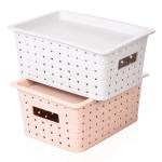 Kuber Industries Grey and Beige Plastic Multipurpose Storage Basket with Lid - 25 x 18 x 11 cm (pack of 2)