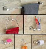 GOSAI Stainless Steel 304 Chrome Finish Designer Bathroom Accessories Pyramid Bathroom Set - 6 pcs (Towel Rod 24 inch | Towel Ring | Soap Dish | Toothbrush Holder | Rob Hook | Paper Holder)