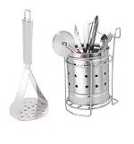 Stainless Steel Potato Masher With Stainless Steel Cutlery Holder With Stand and Multicolour, Pack of 2