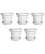 JOREN Combo of 5 White 8 Inch Plastic Flower Pots With TRAY | Small Planter | Decorative Gamla | Nursery Plant Container | Balcony Plant Container for Indoor & Outdoor Gardening Needs