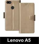 Sbms Lenovo A5 Gold Artificial Leather Shock Proof Flip Cover