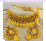 Gyaan Jewels Handmade Gold Plated Alloy Necklace, Earring and Maang Tikka Set Yellow Free Size