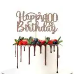 Festiko Happy 100th Birthday Cake Topper, 100th Birthday, Anniversary Party Supplies, Cheers To 100 Years Party Decoration Rose Gold Glitter