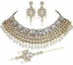 Gyaan Jewels Handmade Gold Plated Alloy Necklace, Earring and Maang Tikka Set White, Gold (Women, Girls) (Pack of 1) Free Size