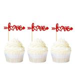 Festiko 24 Pack Love Cupcake Toppers With Arrow Red Glitter Sweet Valentines Day Cupcake Picks Wedding Engagement Bridal Shower Birthday Party Cake Decorations Supplies