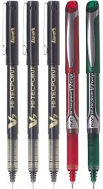 Pilot Hi-Tecpoint V7 and V7 Grip Fine Point Liquid Ink Pen | Tip Size - 0.7 MM | Unique Dimple Tip Technology | Ink Colour - 3 Black, 1 Red Grip, 1 Green Grip | Pack of 5