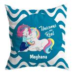 ASHVAH Blue Satin Meghana Name Unicorn Cushion Cover with Filler 30 x 30 cm