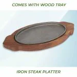 e kysa Cast Iron Sizzler Plate (9.5*6 inch) with Wooden Base (13*7 inch)