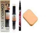 Lenon Highlighter and Contour Stick cream ,Eye Liner{ Black ) 1 Beauty Blender Puff (Pack of 3) (3 Items in the set)