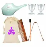 OREAYU Natural Yoga Healthy Life Kit Neti Pot/Eye Wash Cup/Bamboo Brush/Copper Tongue Cleaner/Neem Wood Comb With Travel Cotton Bag