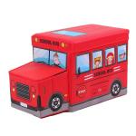 Inditradition Kids School Bus Shape Storage Box with Lid Cum Sitting Stool Cum Playing Toy | Collapsible, Hard Cardboard, Red