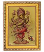 BM TRADERS Elegant Golden Foil Photo of Dancing Ganesha Ji in Golden Frame Religious Wall Decor (11 x 14 inch)