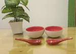 Caffeine Red, White Ceramic Soup Bowl With Spoon, 350 Ml (Set Of 2)