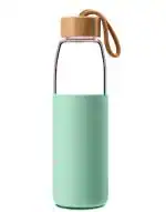 Cloudmart Glass Water Bottle with Airtight Wooden Lid and Silicone Cover - Reusable Glass Bottle for Water, Smoothie, Juices - Glass Drinking Fridge Bottles (600ml, Wooden Lid, Set of 1)