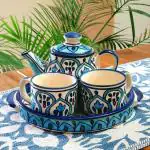 BACKKSPACE RETAIL Hand Painted Ceramic Tea Pot Kettle Set, Set of 2 Cups (160ml), Kettle (450ml) and Tray Mehrab Pattern