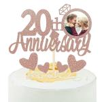 Zyozique Rose Gold Glitter 20th Anniversary Cake Topper with Diamond Ring Heart Cake Decorations Set for 20th Wedding Graduations, Retirement Company Celebration Party - Pack of 5