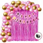 SHANAYA Happy Birthday Banner For Decoration Kit -52 Pcs Combo Set - Pink Happy Birthday Banner, Pink Curtain Foil, Metallic Golden and Pink Latex Balloons