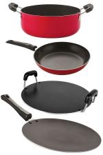 Nirlon 4 pcs of Red, Black Non-stick Pot and Pans Cookware Set Standard