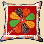 Barmer Bazaar Red Cotton Flower Patch Work Hand Stitched Cushion Cover Without Cushion Filler, 16 X 6