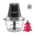 Amplesta Powerful 400W Premium Electric Chopper | 1000ml | 2 speed settings with Garlic peeler | 4 Stainless Steel Blades | Glass Bowl for easy see through | Chop, Mince, Puree, Peel | Black