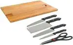 COSYSMART Wooden Chopping Board with Knife Set | Stainless Steel Kitchen 5-Pcs Knife Set with Wooden Chopping Board | Vegetable & Meat Cutting | Vegetable Cutter | Cutting Board with Knives | (Set of 4 Knife, 1 Chopper Board, 1 Scissor)