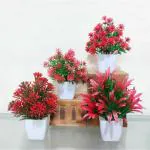 Saf Set Of 4 Mini Artificial Flower Plant For Home, Office, Garden And Table Decor Bonsai Wild Artificial Plant With Pot    (17 Cm, Red)