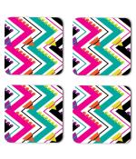 Whats Your Kick Pattern Design Blue And Pink Zig Zag Lines Design Printed Set of 4 Coaster With Metal Stand