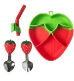 Kruvad Strawberry Silicone Cutlery with 1 Fork, 1 Spoon, 1 Straw and 1 Cleaning Brush Unbreakable Divided Suction Dinner Plate for Children Strawberry Shape Feeding Dinnerware Baby Plate Set