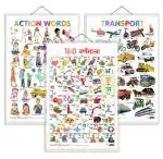 GO WOO Combo of 3 Action Words, Transport and Hindi Varnamala Charts for Kids