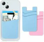 ClickCase Pack of 2Pcs. Silicone TPU Metro/Credit Card Holder for Back of Mobile or Case,Stick on Phone Back Adhesive Dual Pocket Wallet For All Smart Phones (2 Pack Pink & S.Blue)