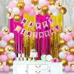 Zyozique Pink and Gold Birthday Decoration, Happy Birthday Banner, Foil Curtain, Party Balloons for 16th 18th 21st 30th 50th 60th Birthday Party Decoration Supplies for Women Girls(Pack of 40)