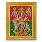 BM TRADERS Lakshmi Saraswati Durga Kali Golden Zari Art Work Photo in Wall Hanging Golden Frame (11 x 13 inch)