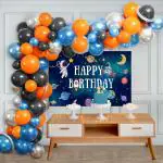 SPECIALYOU.IN Pack of 78 Items Space Theme Birthday Decoration Items includes Metallic Blue, Silver, Orange and Black Balloons with Space Theme Poster and Silver Long Balloon