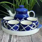 BACKKSPACE RETAIL Hand Painted Ceramic Tea Pot Kettle Set, Set of 4 Cups (180ml), Kettle (600ml) and Tray (Royal Blue)