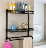GOSAI Stainless Steel Bathroom Accessories 2 Layer Black Bathroom Shelf with Towel Bar and Hook | Multipurpose Bathroom Shelf | Towel Rack Shelf Matt Black Bathroom Shelves (16x5x17 inch)