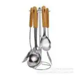 EMNDR Silver Stainless Steel Kitchen Utensils Set Ladle Pasta Server Set Wooden Handle Kitchenware 6 pc