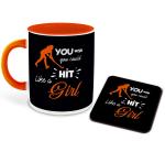 Whats Your Kick You Wish You Could Hit Like A Girl Quotes Printed Orange Ceramic Coffee Mug With Coaster 325 ML