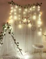 SPECIALYOU.IN Romantic Birthday Backdrop Decoration for Bedroom with Ivory Curtain, Green Vines & Fairy Light for Bedroom, Cabana Tent for Birthday Decoration, Canopy Tent for Decoration -11 pcs