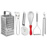 DreamBasket Grater & Pakkad & Pizza Cutter & Egg Whisk & Roti Chimta & Potato Masher for Kitchen